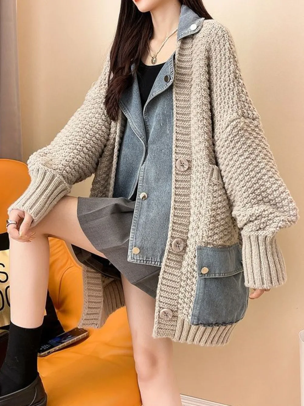 2023 Spring Autumn Denim Patchwork Loose Lazy Style Thickened Clothes Knitted Sweater Coat Cardigan Top Women