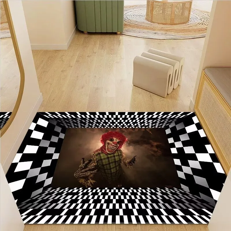 Halloween Spooky Optical Illusion Black White Grid Evil Clown Horror Entrance Mats Kitchen Bath Doormat Living Room Carpet Rug