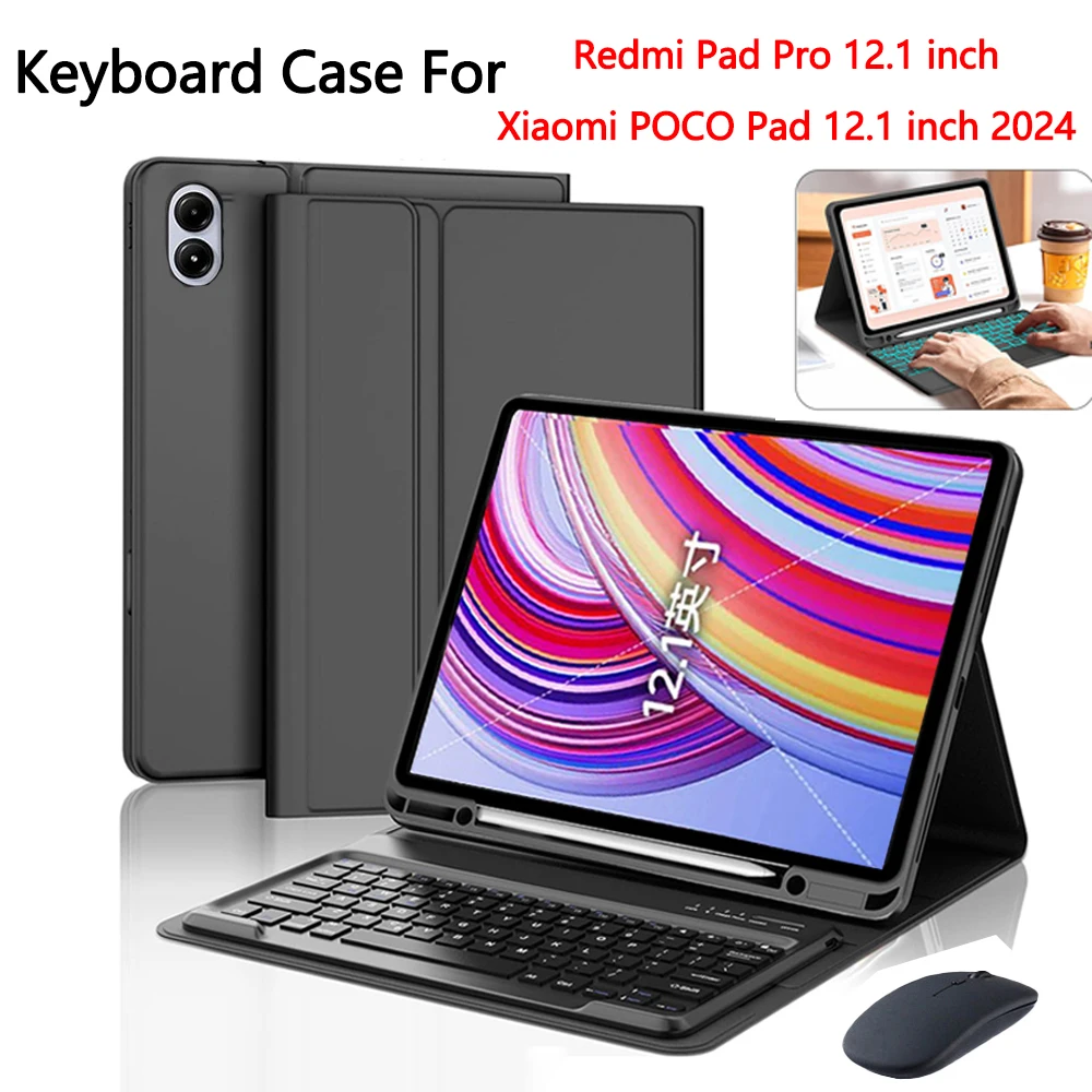 

Чехол для планшета Xiaomi Poco Pad 12,1 дюйма 2024/Redmi Pad Pro 12,1 дюйма, съемный многоугольный чехол-подставка с клавиатурой и держателем для ручек