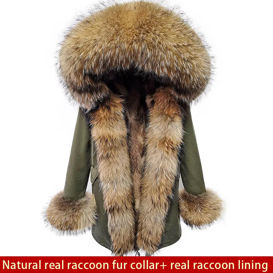 Maomaokong Natural Real Fur Lining Winter Women Jacket Long Fox Fur Coat Raccoon Fur Collar Hooded Thick Black Waterproof Parkas