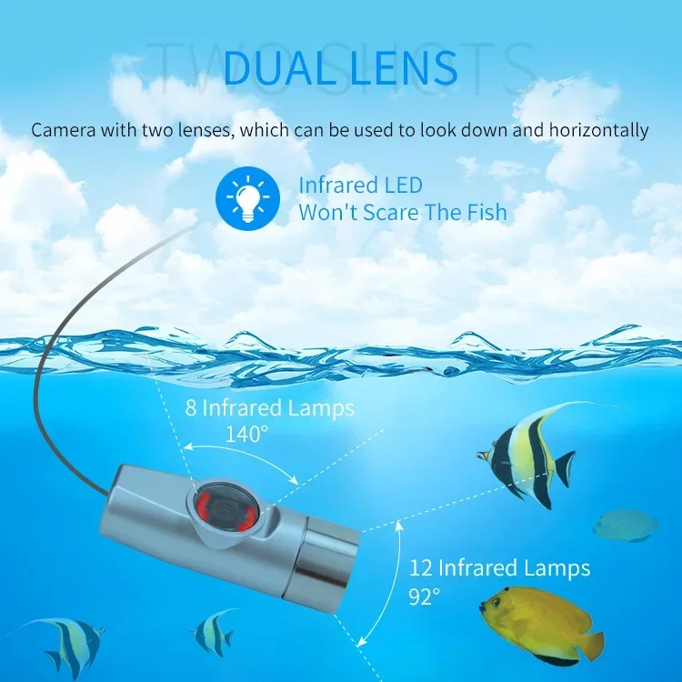 160mm*42mm camera  Dual camera Waterproof  Underwater  Convertible viewing angle fishing camera 15M 30M