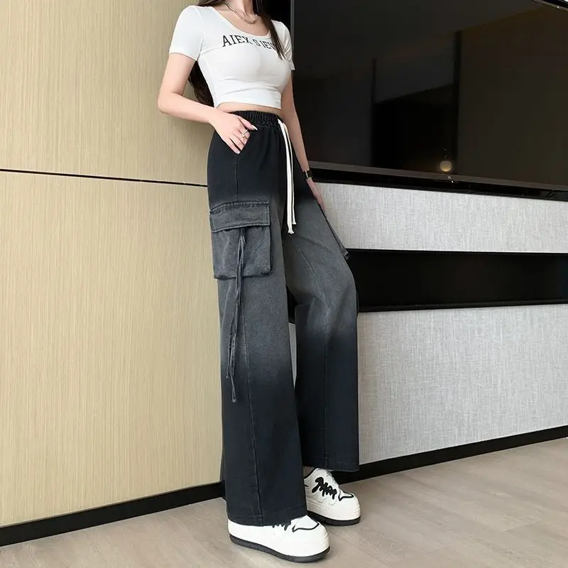 

2026 New Spring Women Cargo Pants Wide Leg Jeans Gradient Color with Adjustable Drawstring Loose Comfortable Daily Wear