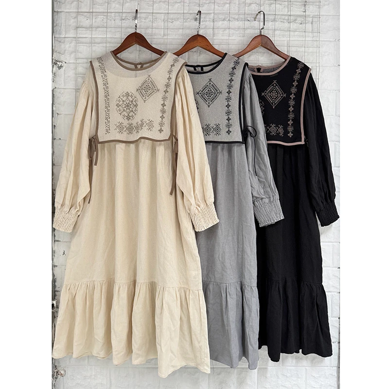

New Spring Women Loose Casual A-line Floral Embroidery Mid-calf Dress Good Quality Cotton Linen Wrist Sleeve O-neck Dresses Y96