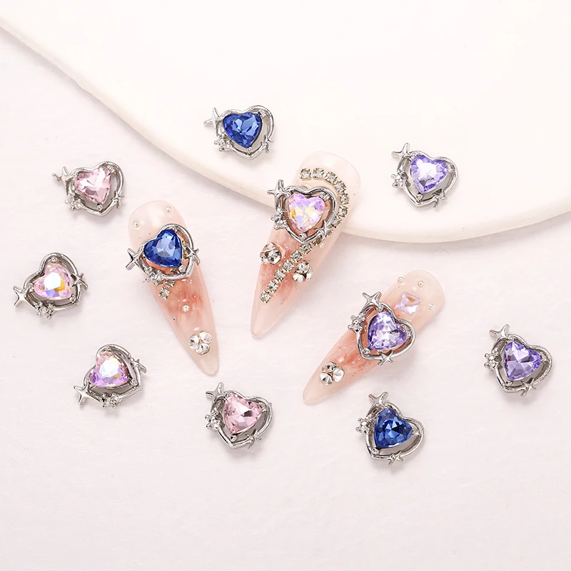 5pcs Luxury Alloy ZIrcon Nail Art Charms 3D Heart Colorful Crystal Rhinestones Nail Decorations DIY Gems Manicure Accessories
