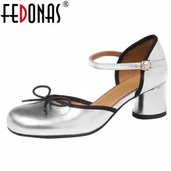 FEDONAS Newest Women Genuine Leather Pumps Round High Heels Mary Jane Party Wedding Shoes Woman Prom Pumps Female Leather Shoes