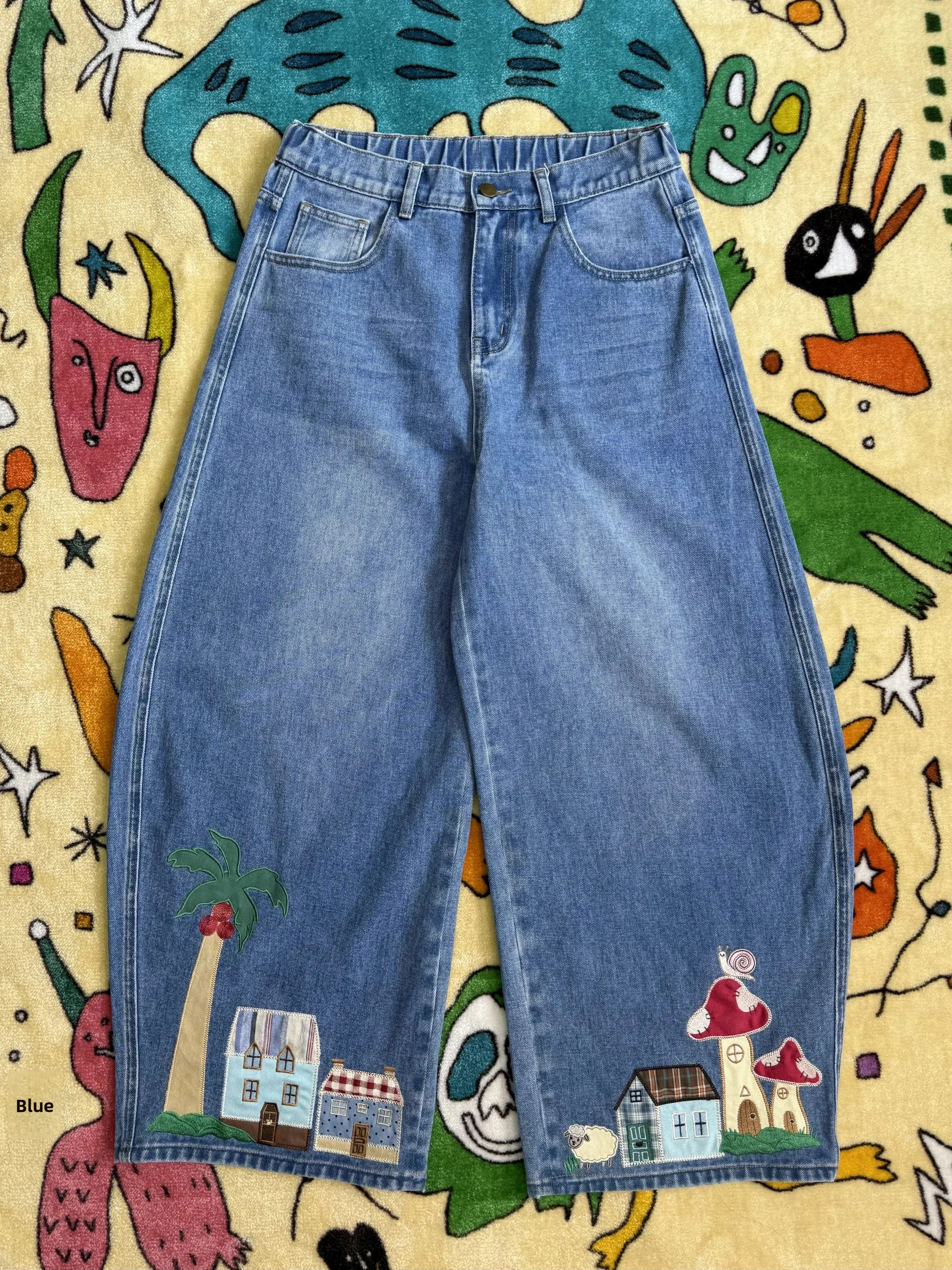 Robootoo Original Illustration Artist Cute Childhood Washed Embroidery Elastic Waist Jeans for Young Women Autumn Cotton
