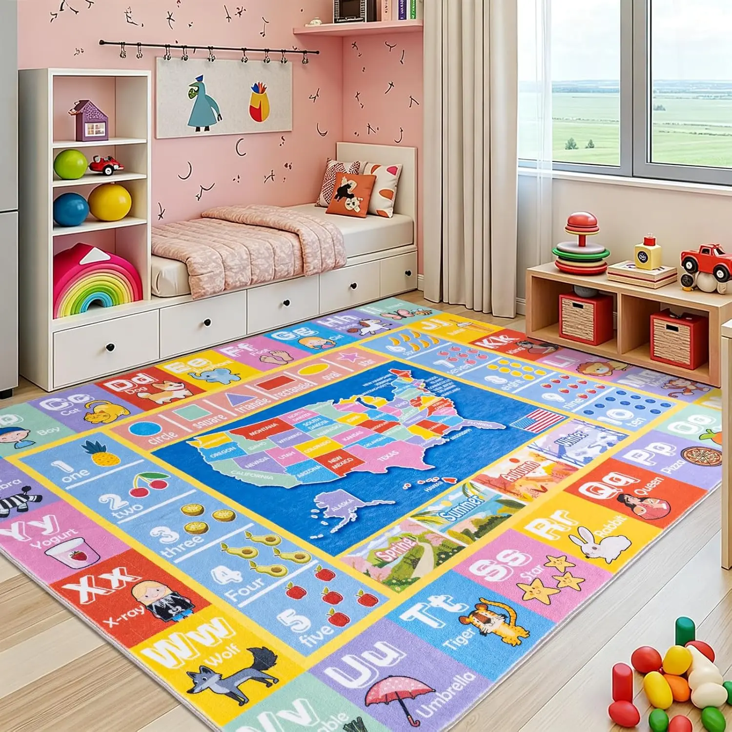 ABC Numbers Map Educational Kids Rug, Washable Non Slip Carpet for Playroom Bedroom, Versatile Nursery Home Decor