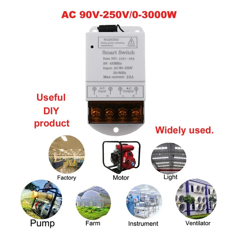 433MHZ Wireless Remote Switch AC 110V/120V/220V/ 30A 1CH Relay RF Remote Control Light Switches For Pump Security System