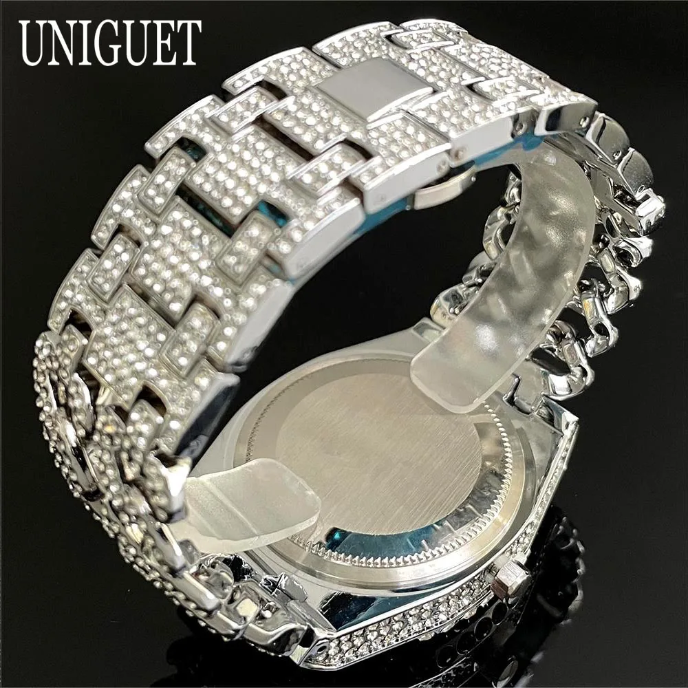 Orologio da ghiaccio alla moda per uomo, marca UNIGUET, orologio da polso al quarzo di lusso in acciaio inossidabile, orologio da uomo con catena cubana con diamanti Hip Hop