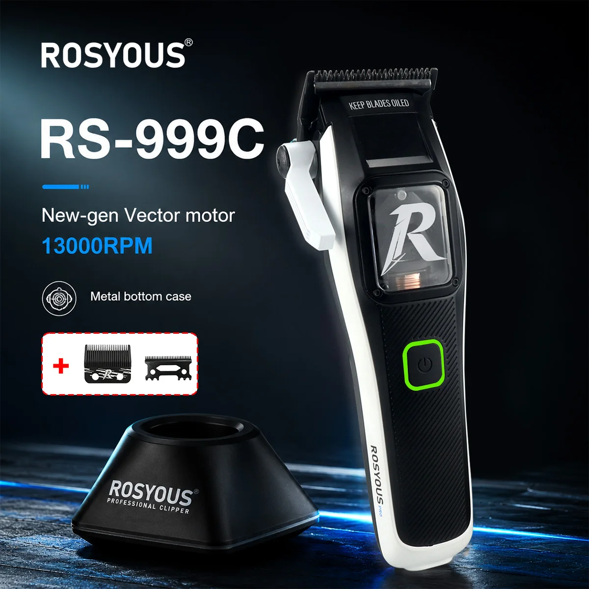 rosyous-rs-999c-tagliacapelli-professionale-con-motore-magnetico-vector-lama-dlc-base-di-ricarica-scocca-in-metallo-batteria-da-2600mah-per-uomo