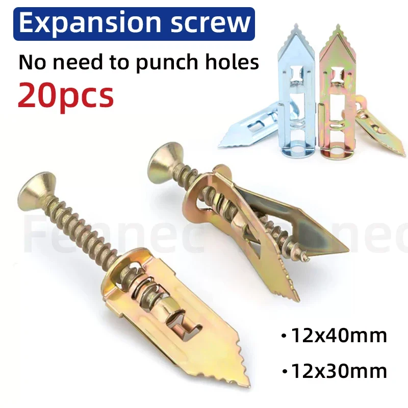 20pc Self Drilling Drywall Anchors Expansion Screws Gypsum Board Cement Board Expansion Nails 12x30/40mm Carbon Steel Galvanized