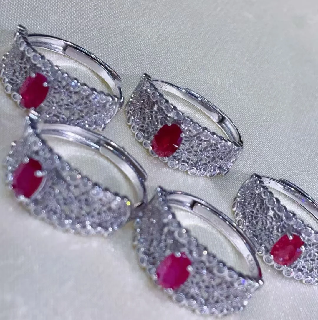 Certificated 925 Sterling Silver Natural Ruby Filigree Finger Band Retro Hollow Lace Texture Chunky Rings Fine Adjustable Jewel