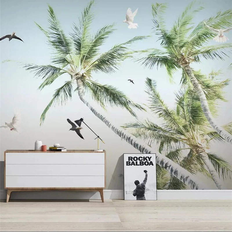 Customized products Hand-painted coconut tree seaside sea modern minimalist TV background wall painting mural wallpaper Seagull