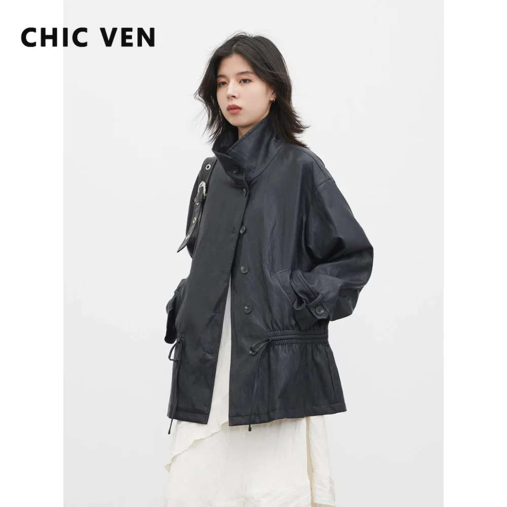 CHIC VEN Fashion Women Faux Leather Coats Retro Stand Up Collar Single-breasted Drawstring Loose PU Jackets Spring Autumn 2026