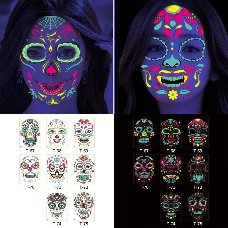 Day of the Dead Halloween Tattoo Fluorescent Waterproof Temporary Face Stickers Makeup Tattoo Dress Up for Women Festival Decal