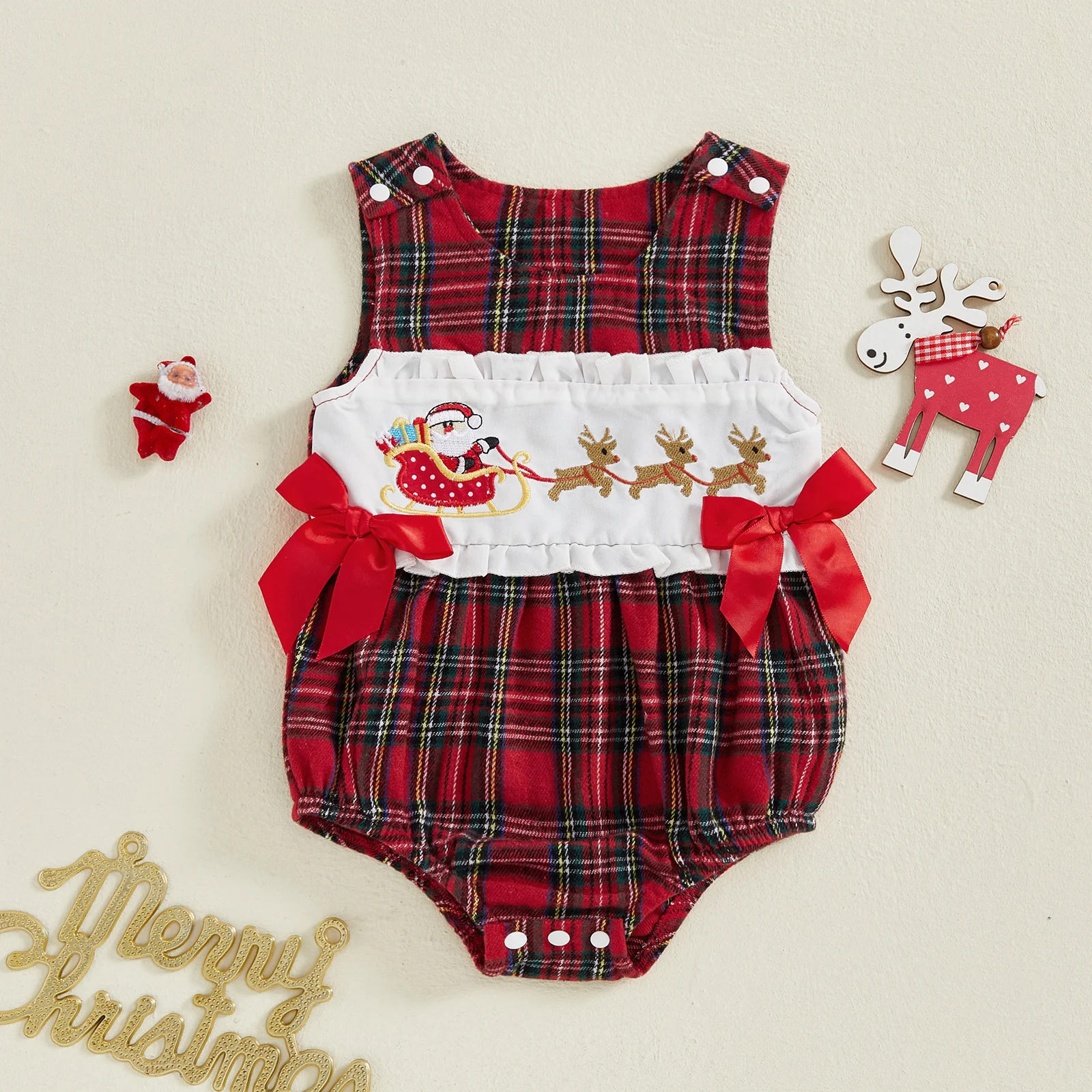 

0-18M Newborn Baby Girl Plaid Romper Christmas Santa Claus and Elk Embroidery Round Neck Sleeveless Bow Infant Jumpsuit