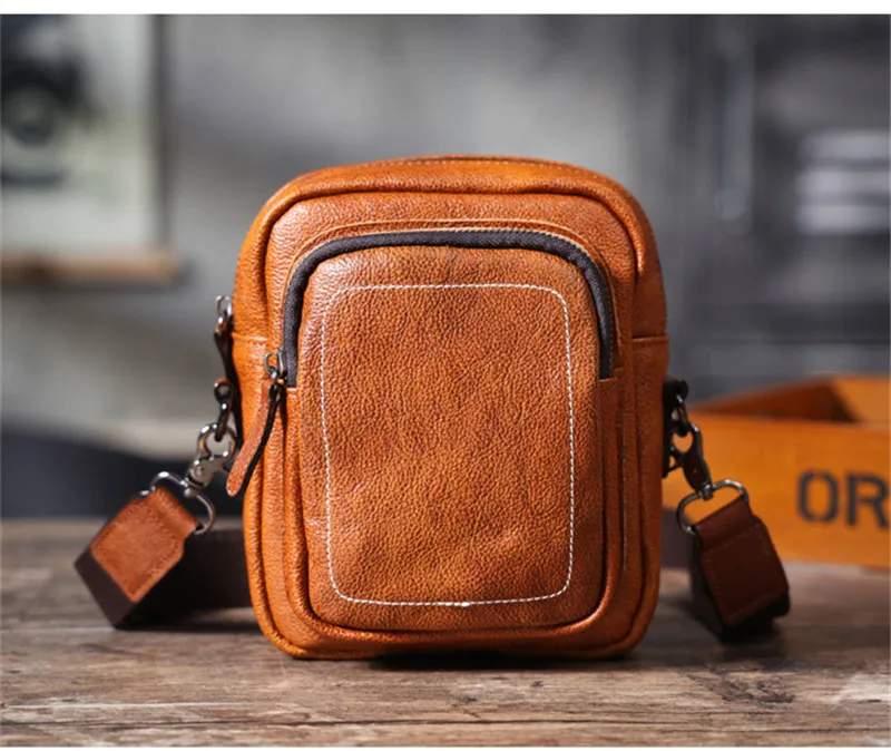 Mini bolso cruzado de cuero genuino ligero para hombres, bolso de hombro pequeño, bolso de teléfono de cuero de vaca de lujo informal simple, uso diario al aire libre, fin de semana