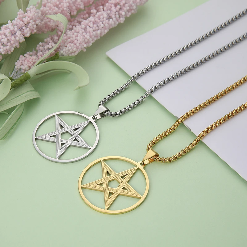 Hip Hop Openwork Pentagram Pendant Necklace for Men Women Fashion Stainless Steel Gold Color Box Chain Necklace Jewelry Gift