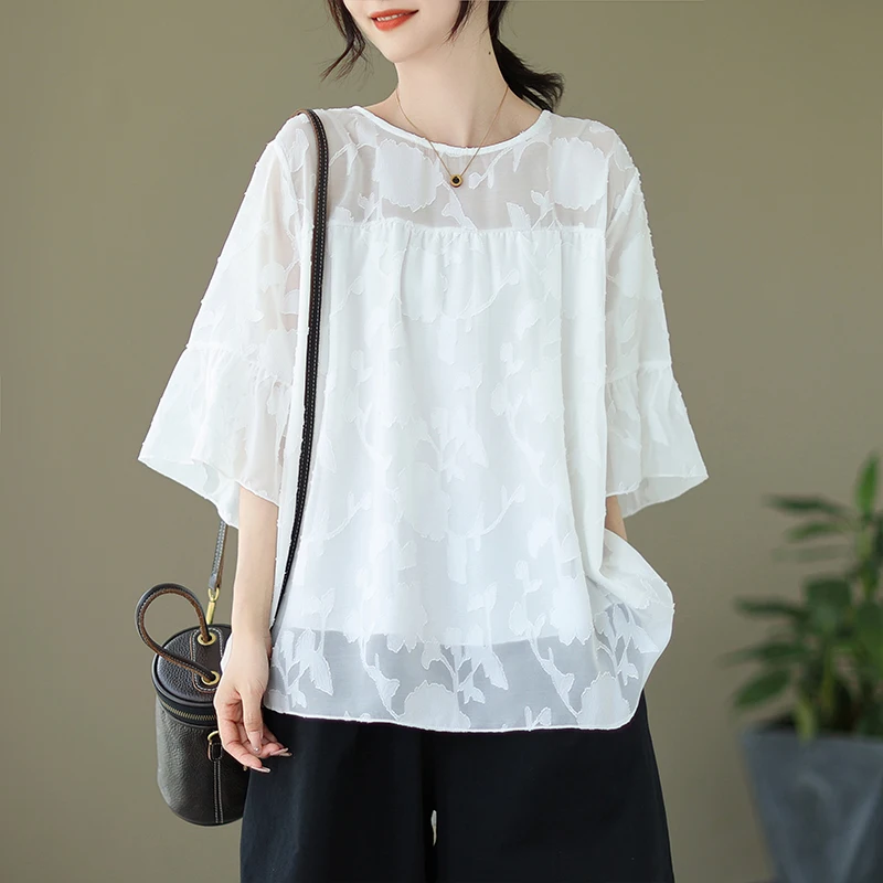 Mode minimalist ische koreanische Version einfarbige Rundhals spitze schiere Sommer neuen Stil vielseitige kurz ärmel ige lose Chiffon-Tops