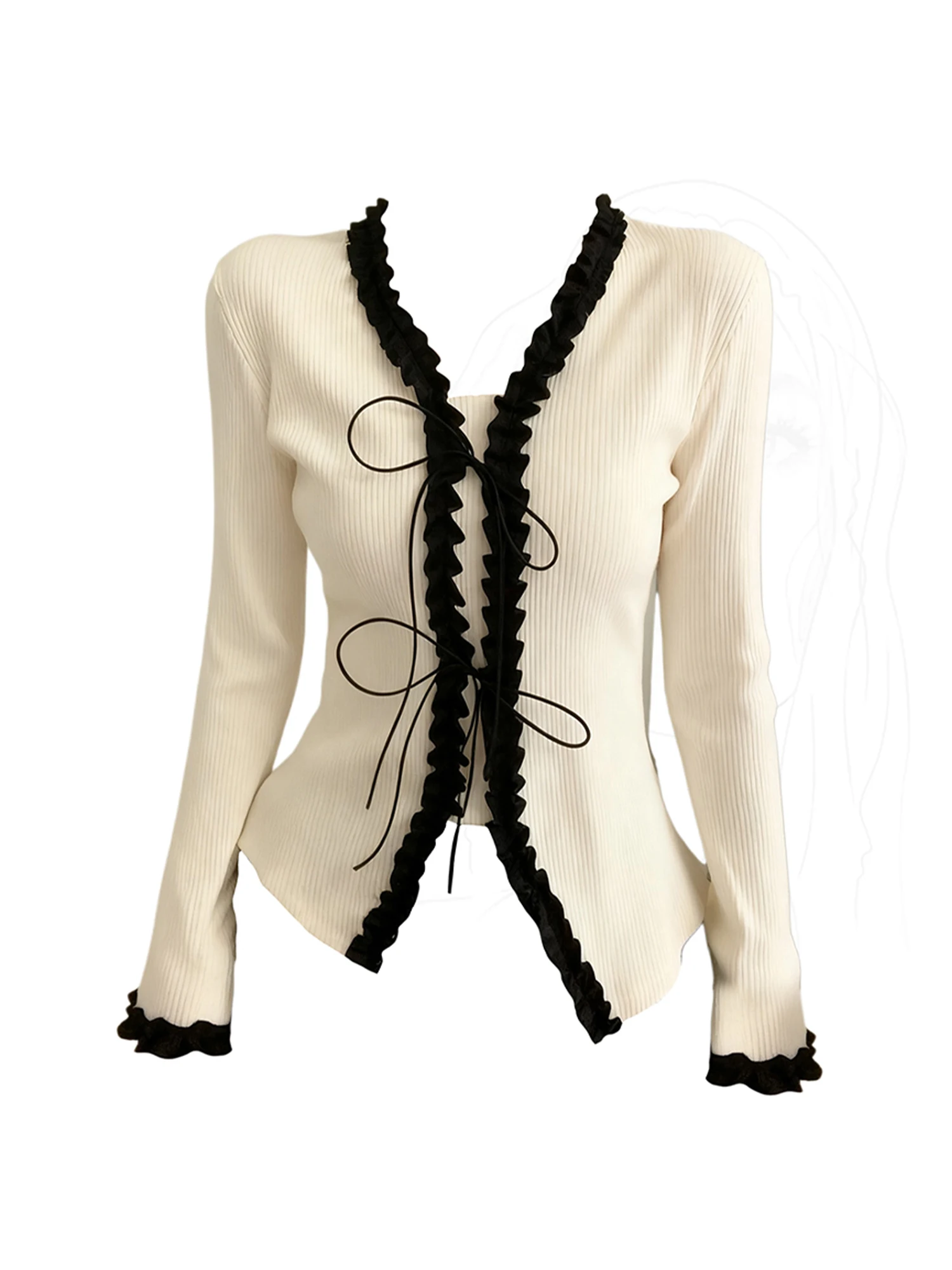 

Women's Apricot Y2k Knit T-shirt Vintage Harajuku Korean Style Gyaru Tee Top Long Sleeve V-Neck T-shirts 2000s Clothes Spring