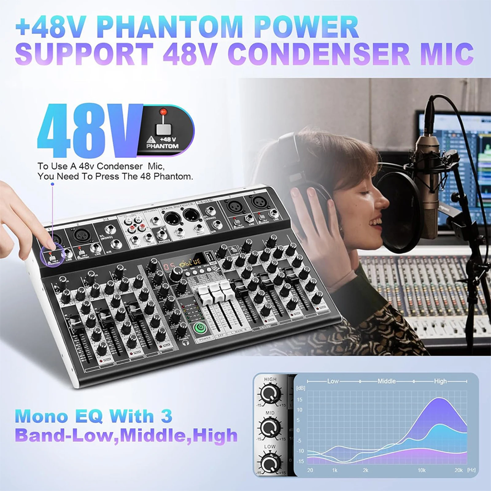 

KDES KP8 Channel Audio Mixer with 99 DSP Effects USB Sound Mixer 48V Phantom Power PC Recording Bluetooth DJ Console for Karaoke
