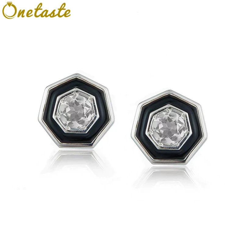 

925 Sterling Silver Natural Topaz Black Epoxy Stud Earrings For Women Geometric Minimalism French Trendy Small Flat Back Earring