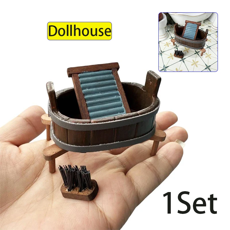 1:12 Dollhouse Miniature Wooden Barrel Washboard Brush Three-Piece Set Laundry Scene Micro Landscape Ornaments Pretend Play Toys