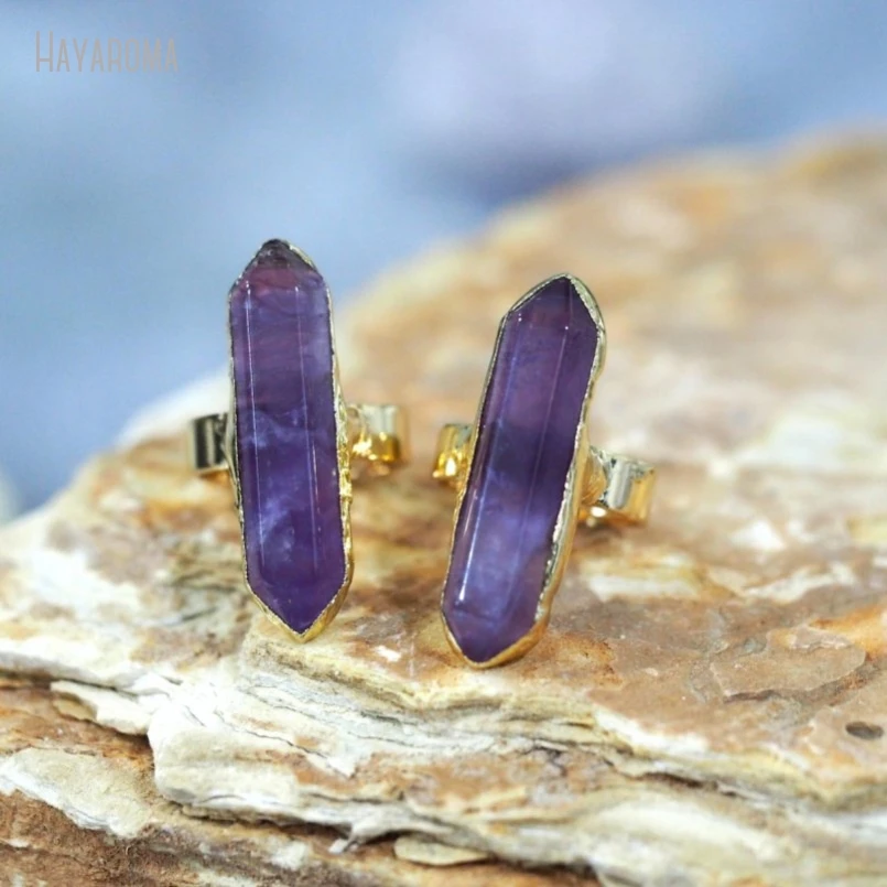 

10Pcs Wholesale Double Terminated Point Hexagon Gold Color Dog Tooth Dream Amethysts Crystal Ring RM40976