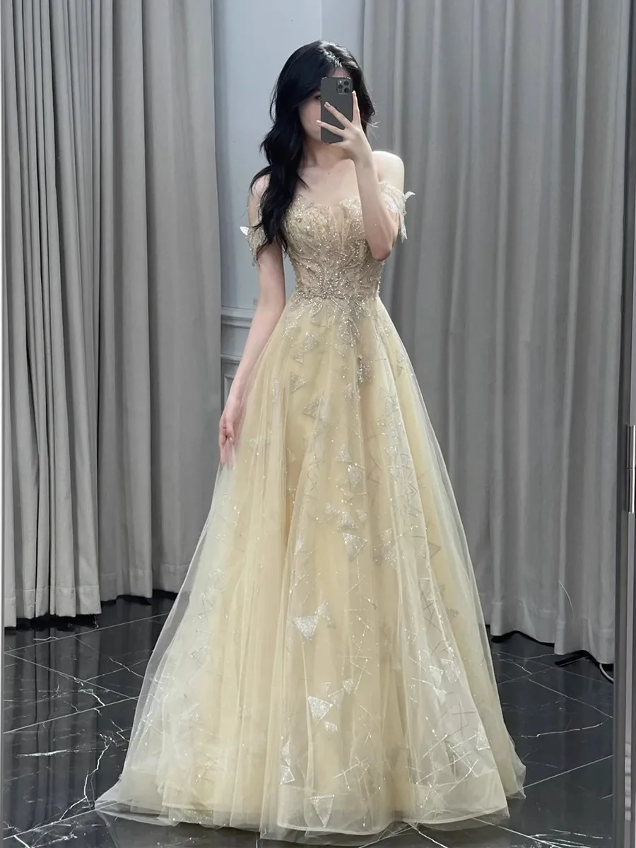

Ele One-oulder Evening Gown Birthday Adult Ceremony Host Dr Luxury Subtle ort Sve Long Dr Polyester Fiber