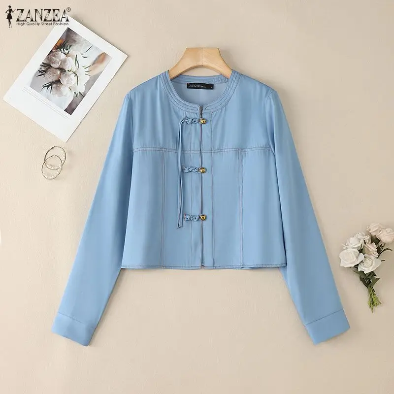 

Женские винтажные куртки с лягушкой и пуговицами контрастной вышивкой, повседневные джинсовые укороченные пальто с круглым вырезом и длинными рукавами, легкая верхняя одежда