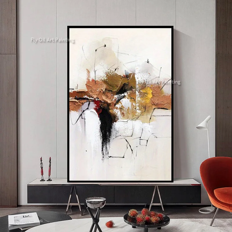 Abstract Brown White Simplism Oil Painting For Room Hall Decor Handpainted Beige Brown Grey Canvas Thick Home Wall Art Decor Ite