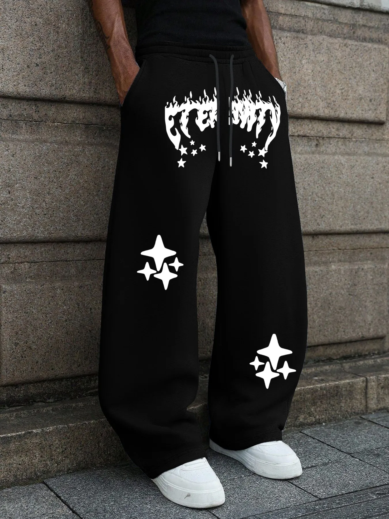 Men's Flame Star Print Straight Sweatpants Streetwear Casual Sports Trousers S-3XL