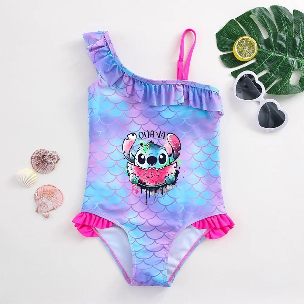 Lilo Stitch Girls Swimsuit Mermaid Fish Scale One-Piece Bathing Suits Children's Dresses Swimwear Beach Suit Kids Wear