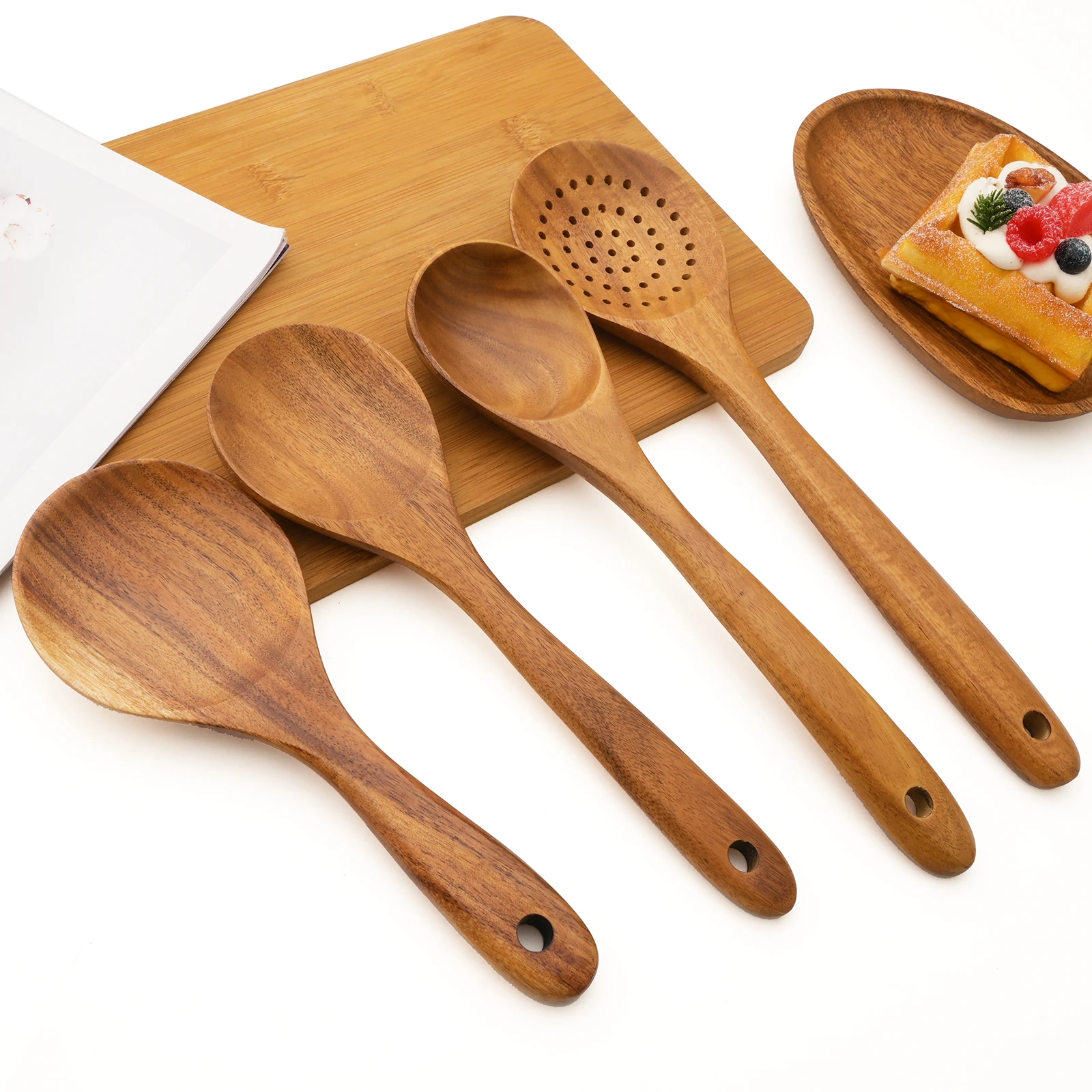 Drmfiy 2/4/7Pcs Natural Wood Dinnerware Long Rice Colander Soup Spoon Tableware Skimmer Cooking Spoons Kitchen Utensil Tool Set