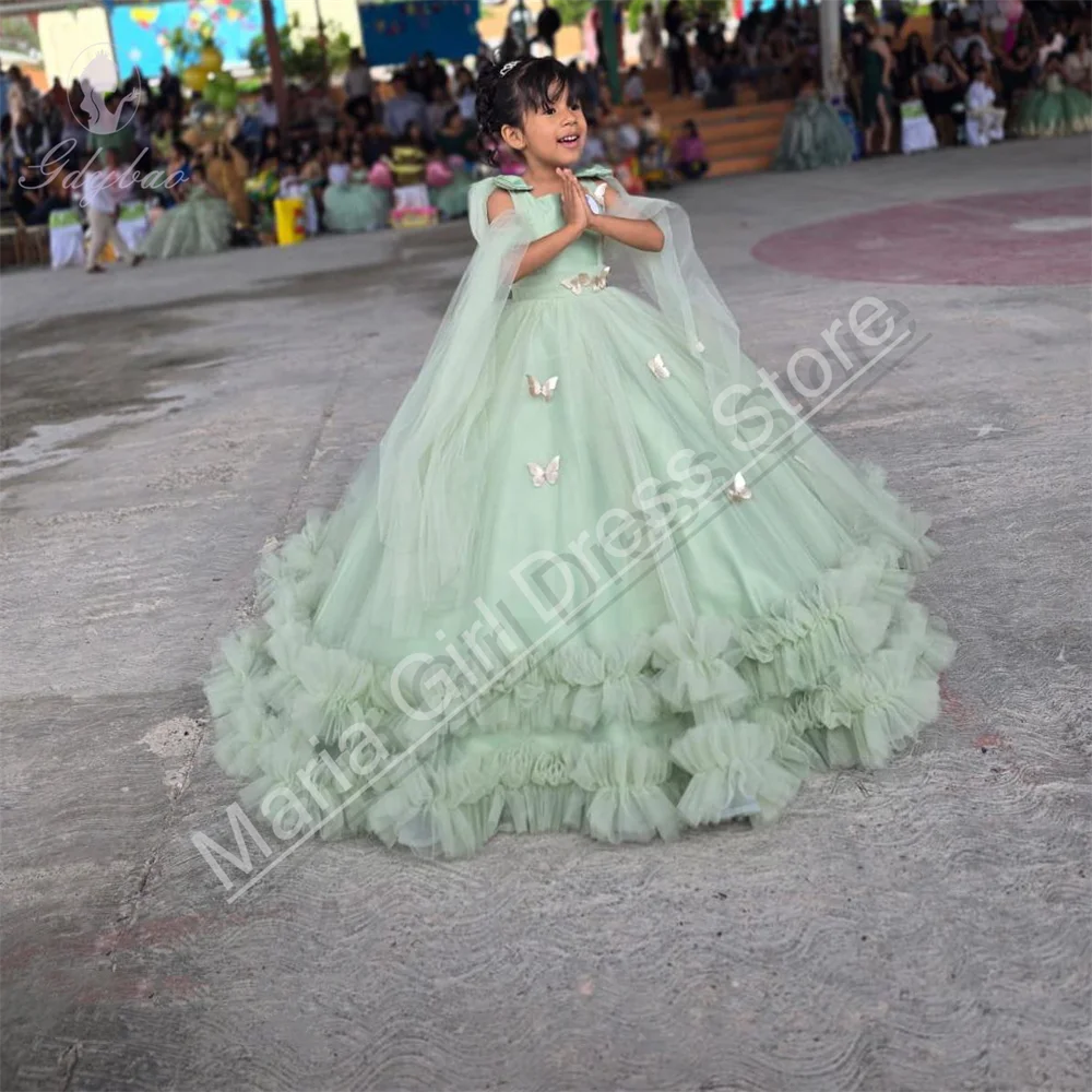 Sage Green Flower Girl Party Dress With Bow Decoration Tulle Fluffy For Beauty Pageant First Communion Custom Dress
