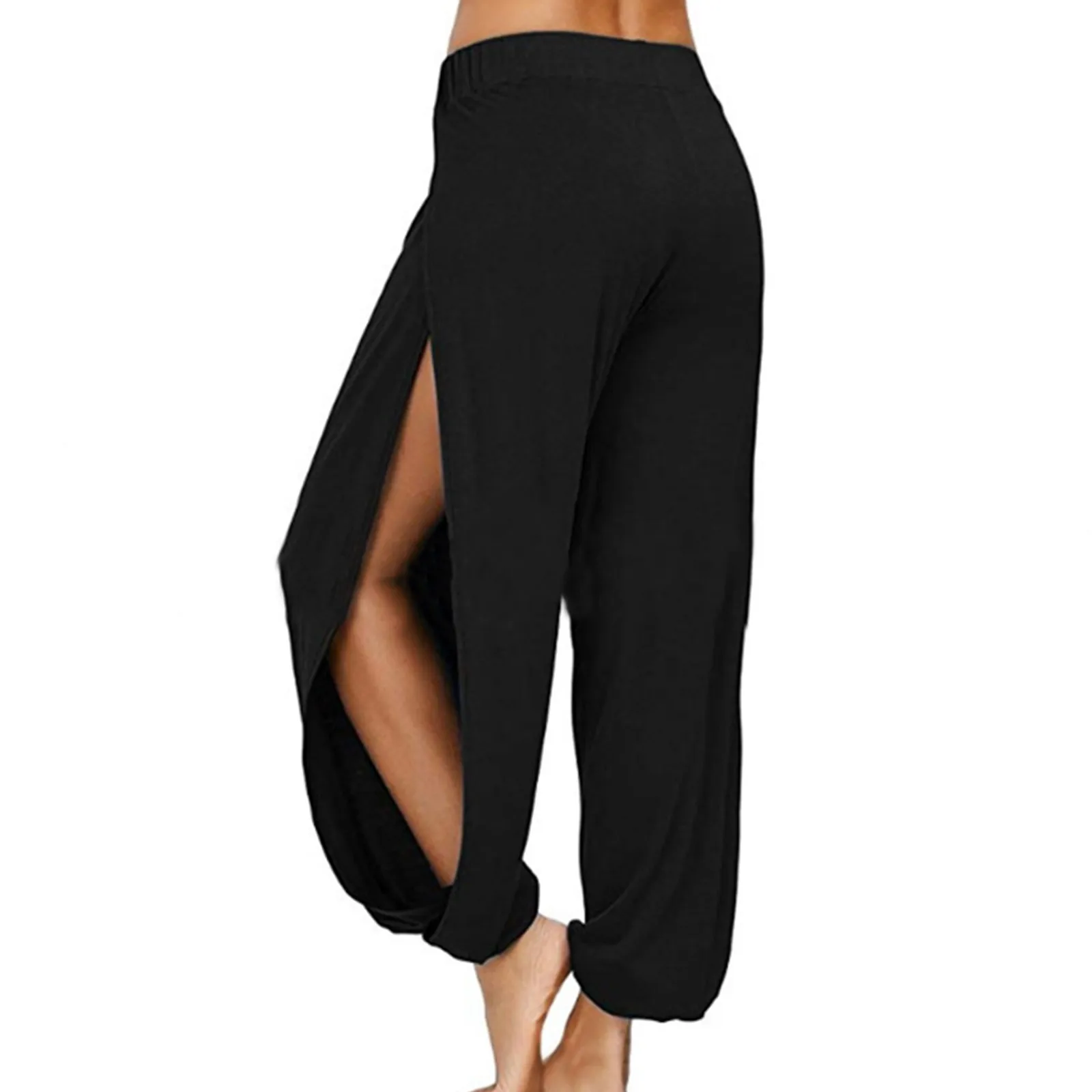 Calças de Yoga Feminina de Cintura Alta Fenda Lateral Calças Harem de Perna Larga Leggings de Ginásio Calças Ocas Sólidas de Treino Streetwear de