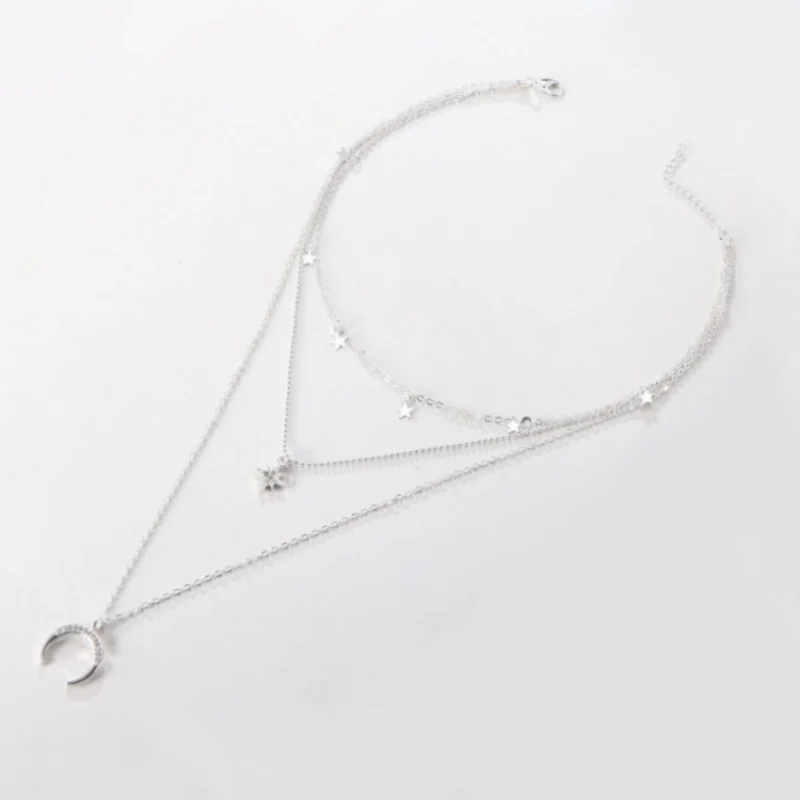 Punk Necklace 2025 Fashion New Golden Five-pointed Star Simple Wild Octagonal Crescent Three-layer Necklace Factory Wholesale