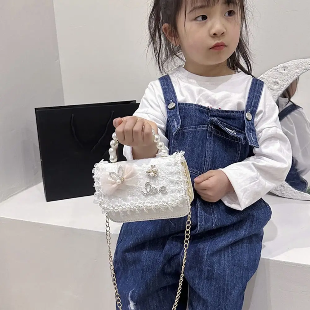 Fashion Pearl Lace Children's Crossbody Bag Lightweight Princess Girl Shoulder Bag Adjustable Handbag