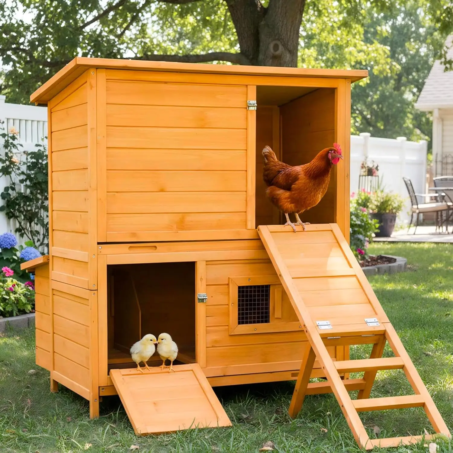 

Двухэтажный деревянный курятник с 3 гнездовыми ящиками, 2 выдвижными поддонами, складной рампой, водонепроницаемой откидной крышей, на 6-8 кур, на заказ