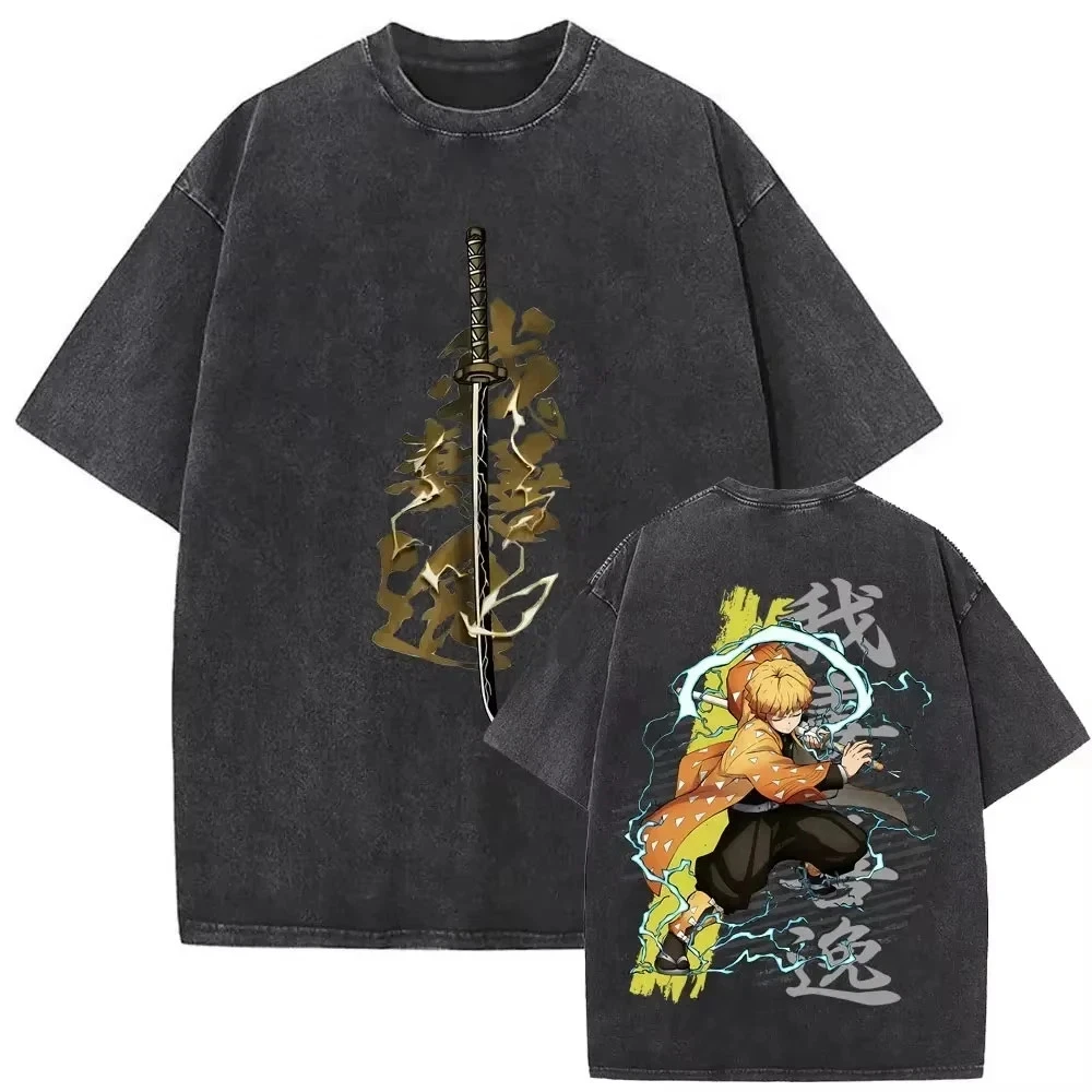Anime Demon Slayer Agatsuma Zenitsu Vintage Washed T-Shirt Herren Damen Baumwolle Streetwear Casual Frühling Sommer Übergroßes T-Shirt