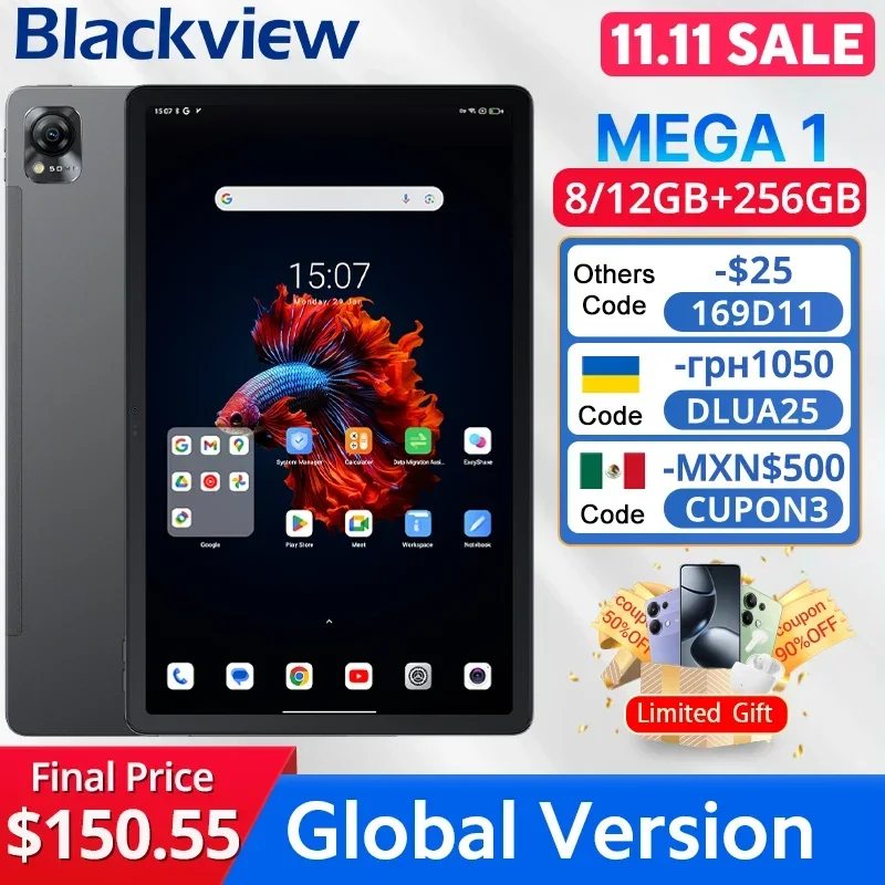 MEGA 1 Tablets Blackview 11.5 inch 2.4K 120Hz Display 8GB/12GB 256GB 50MP Camera 33W Fast Charging 8800mAh Battery MTK Helio G99