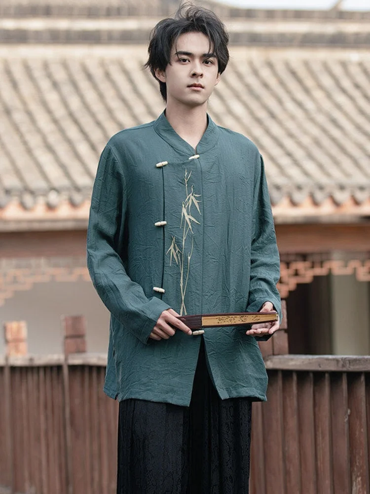 

Long Sve Men's irt with Button Bamboo Embroidery Traditional Chinese Sle Casual Loose Fit Faionable Youth lin Fabric