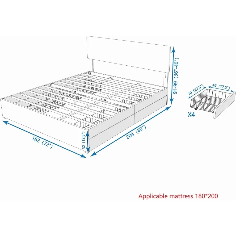 إطار سرير رمادي من قماش الكتان الحديث مقاس 72 × 80 مع لوح رأسي كريستالي، إطار سرير بمنصة منجدة مع 4 سحب تخزين