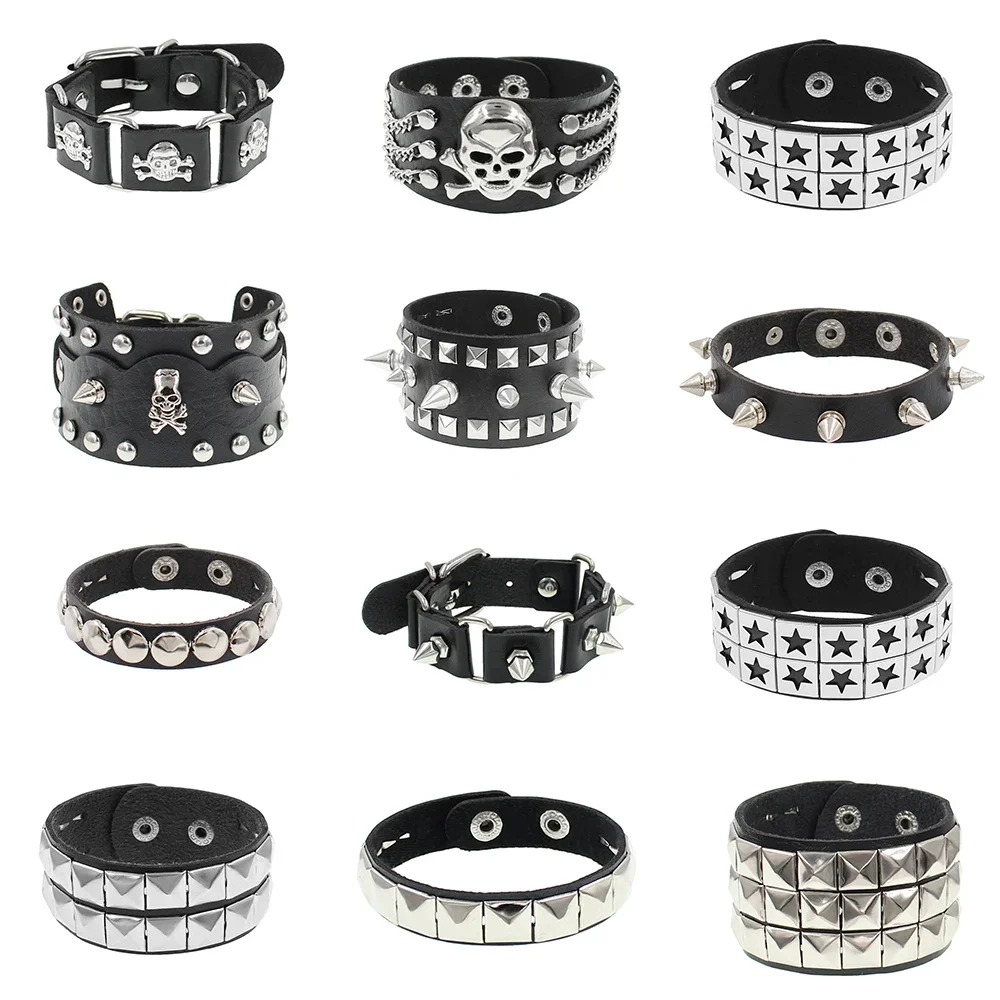 PU Leather Fashion Gothic Skeleton Skull Punk Rivet Bracelet Retro Couple Bangle Bracelet Jewelry Gift