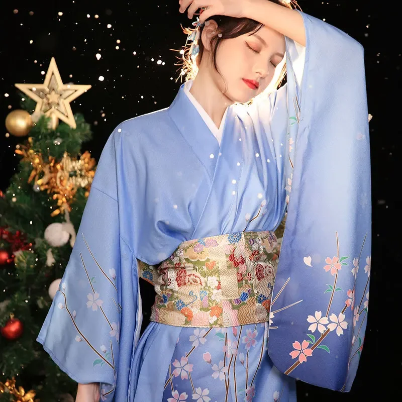 Spring Harajuku Bathrobe Gown Women Japanese Traditional Kimono Vintage Blue Print Flower Geisha Kimono Cosplay Stage Costume