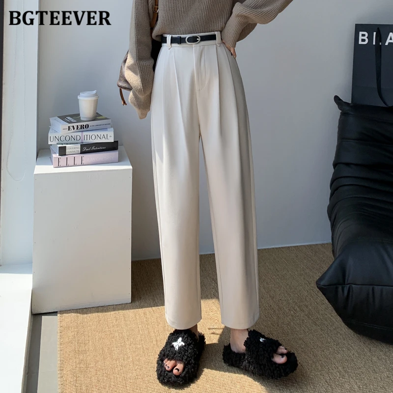 BGTEEVER Casual hoge taille dames rechte wollen broek herfst winter dikker warme losse zakken vrouwelijke harembroek met riem