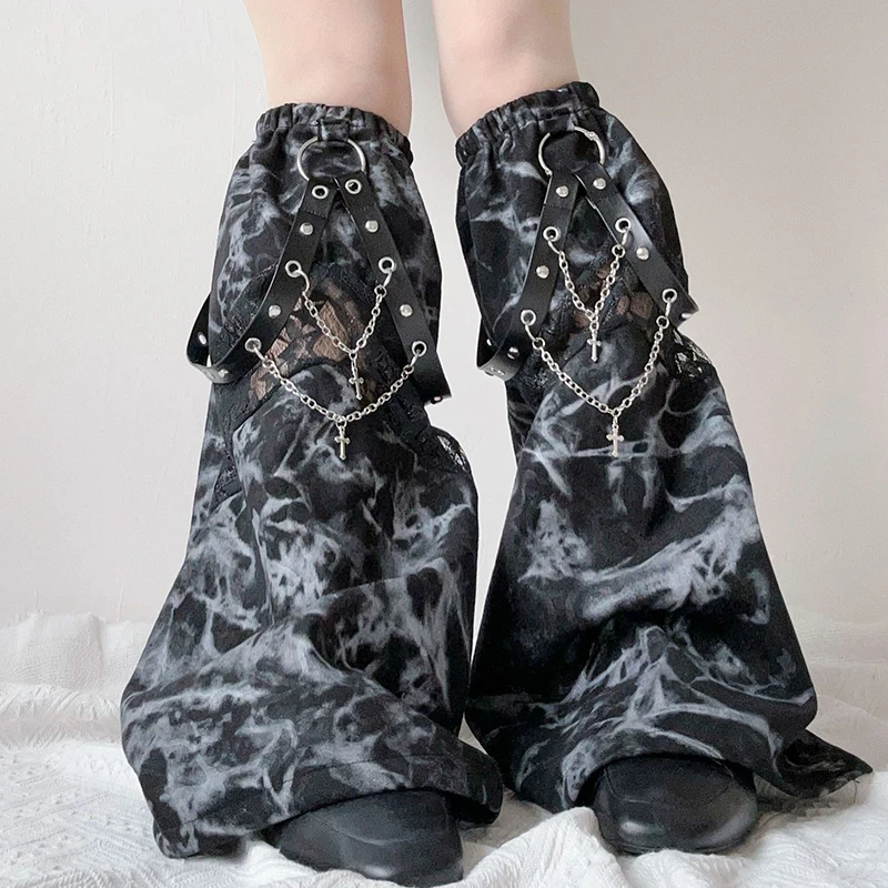Bild 3: Vintage gealterte Denim-Beinwärmer mit schwerer Kettenverzierung für Mädchen, Gothic Punk elastische Beinwärmer, Neu