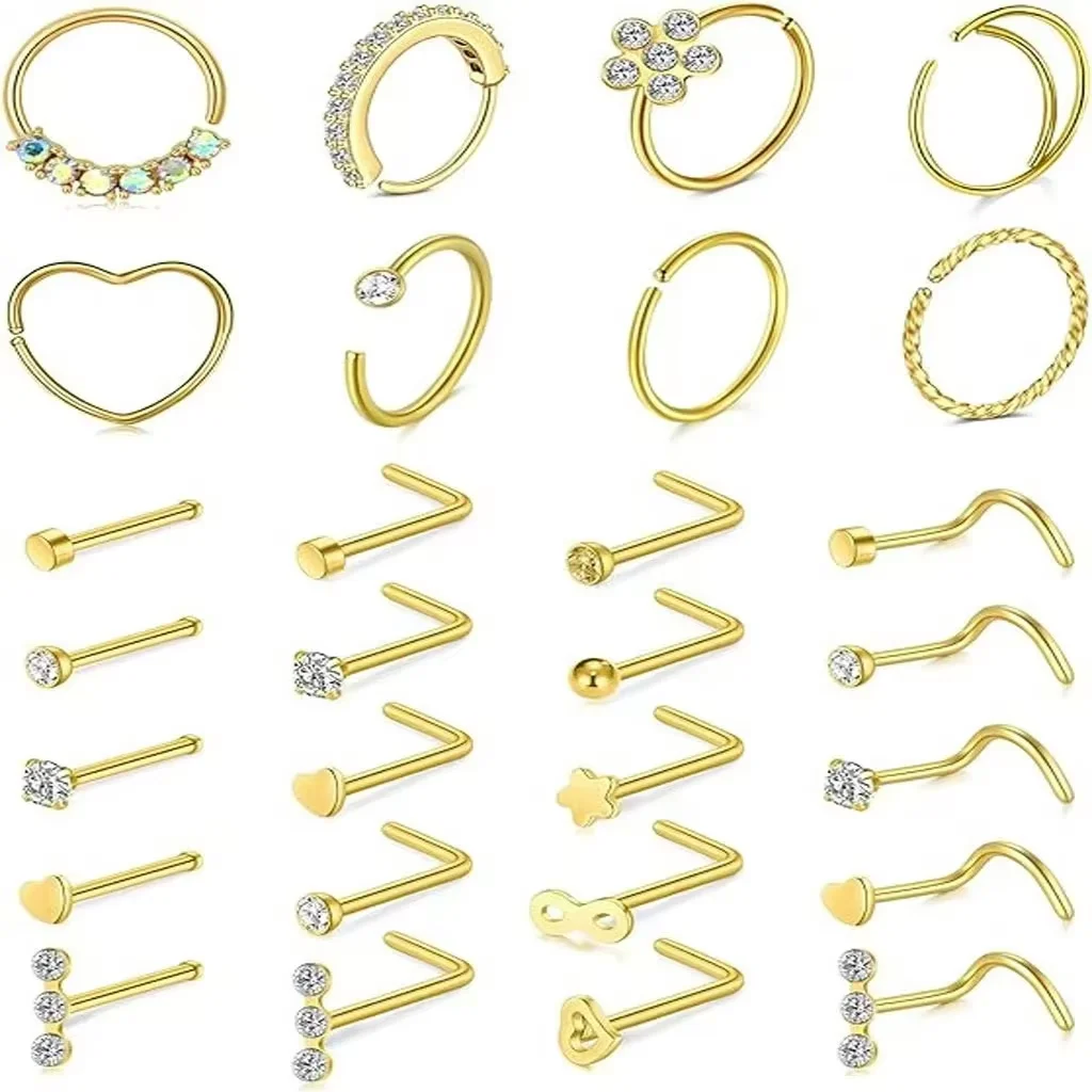 

28Pcs Stainless Steel Nose Rings Hoop L Shape Nose Studs Nose Screw Bone for Women And Men Piercing Jewelry Gift