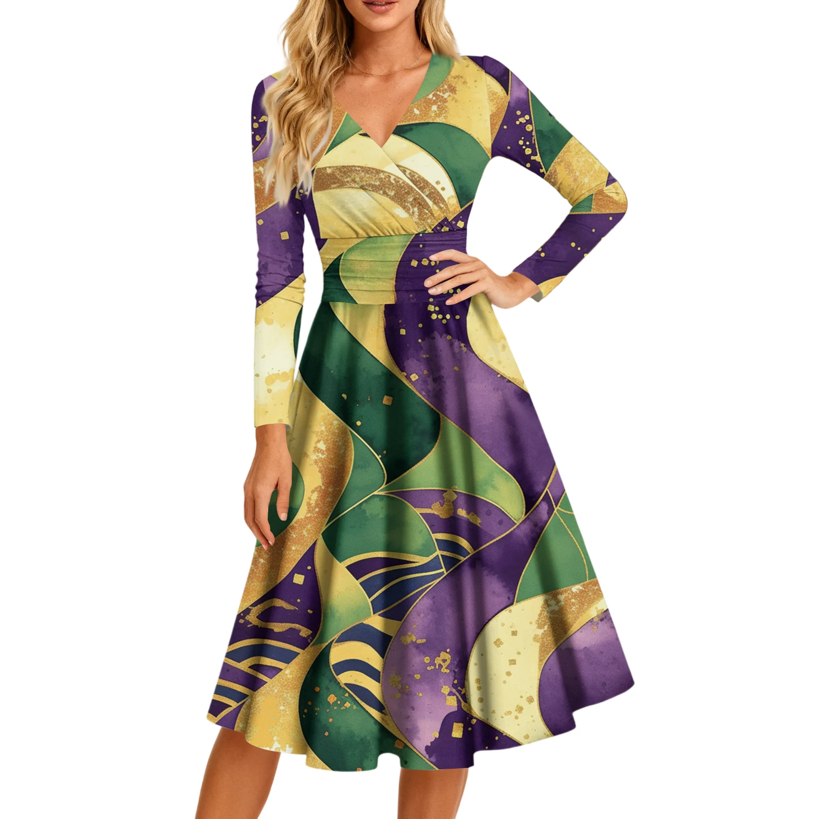 ชุดเดรสแม็กซี่พิมพ์ลายคาร์นิวัลชุดเดรสแฟชั่นลำลองของผู้หญิงแขนยาวคอวีชุดเดรสกระเป๋าเซ็กซี่สำหรับฤดูใบไม้ผลิและฤดูใบไม้ร่วงสวมใส่ทุกวัน