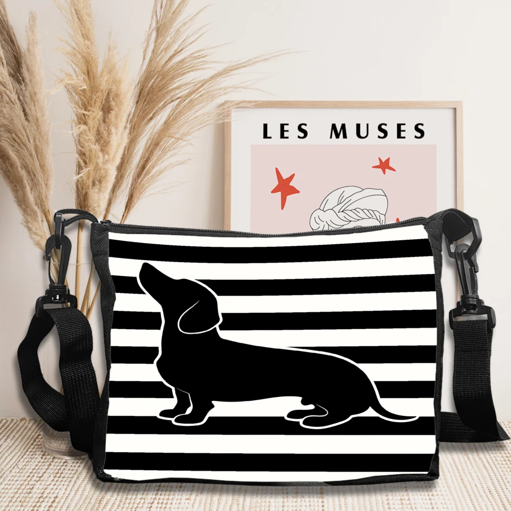 Striped Dachshund Crossbody Bag Black And White Dog Pattern Shoulder Bags For Women Men Casual Travel Work School Daily Use Fash
